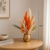 Bouquet pampas artificiel orange et beige en vase doré (50cm) – Image 2