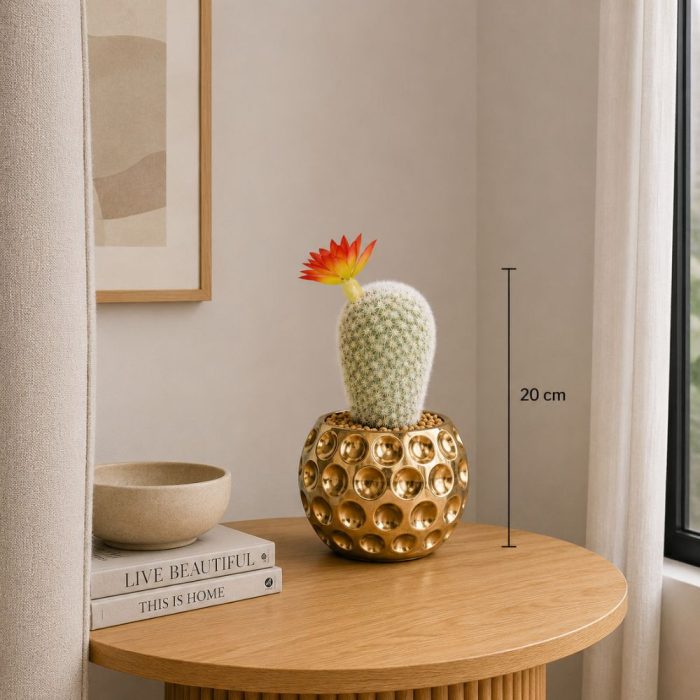 Cactus artificiel blanc avec fleur orange en pot doré (20cm) – Image 2
