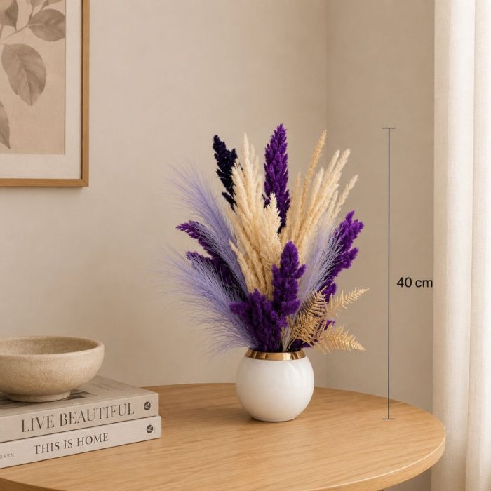 Bouquet de fleurs séchées artificielles violettes et blanches (40cm) – Image 2