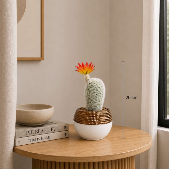 Cactus artificiel blanc avec fleur orange en pot design (20cm) – Image 2
