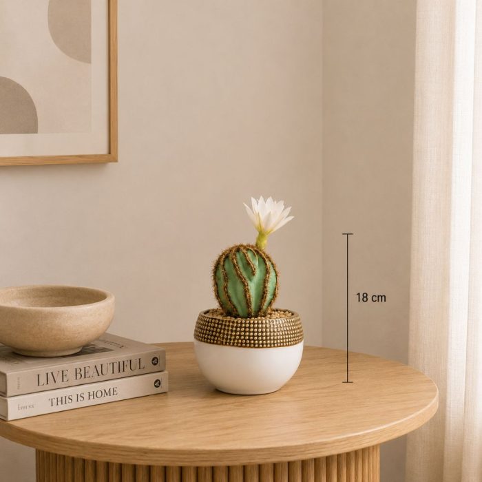 Cactus artificiel avec fleur blanche en pot design (18cm) – Image 2