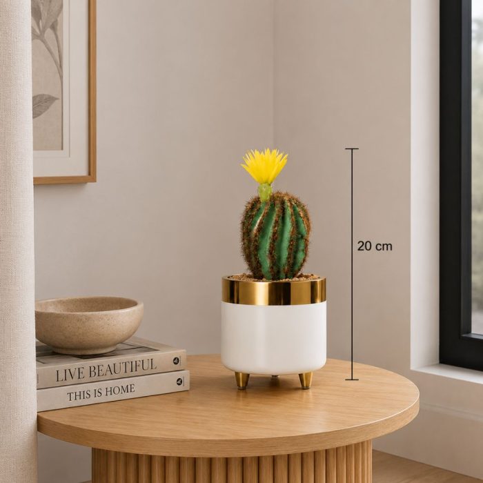 Cactus artificiel avec fleur jaune en pot blanc et doré (20cm) – Image 2