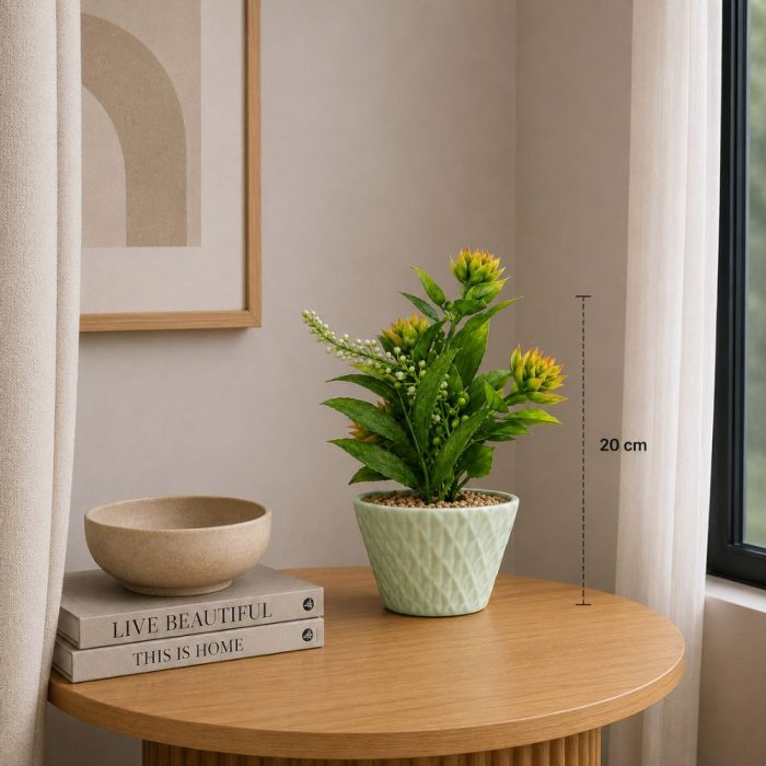 Composition florale artificielle verte en pot marbré (20cm) – Image 2