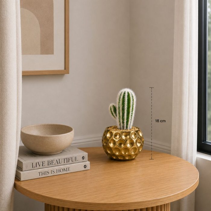 Cactus artificiel vert en pot doré (18cm) – Image 2