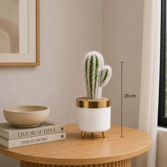 Cactus artificiel blanc design en pot premium blanc et doré (20cm) – Image 2