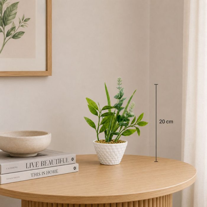 Petite plante artificielle verte en pot marbré (20cm) – Image 2