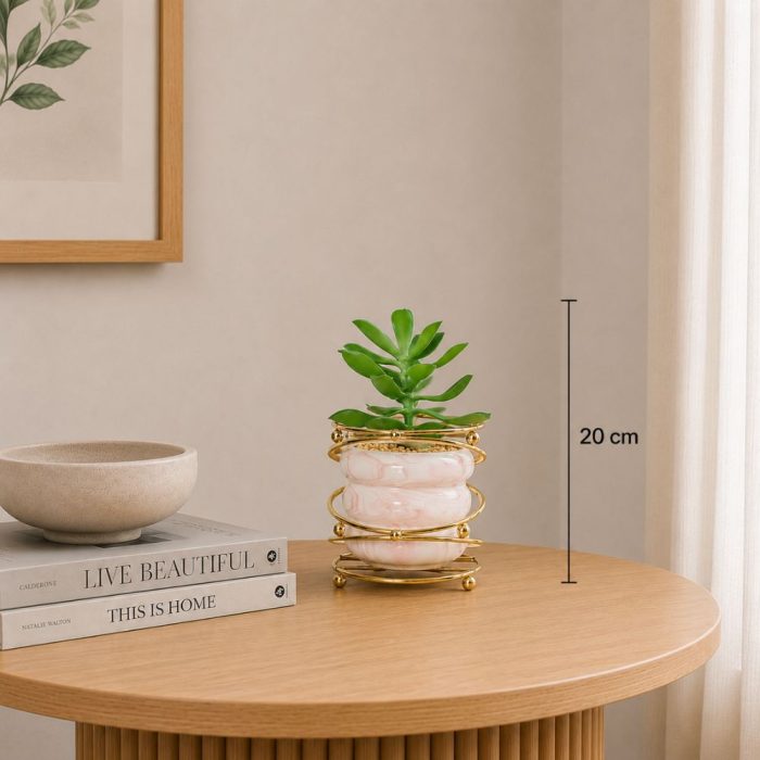 Succulente artificielle en pot marbré rose avec support doré (20cm) – Image 2
