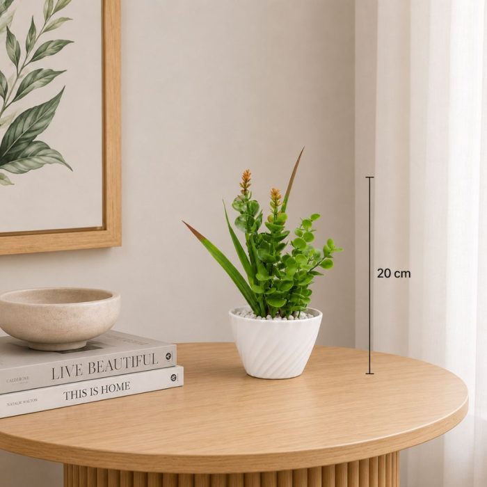 Petite plante artificielle verte en pot design blanc (20cm) – Image 2
