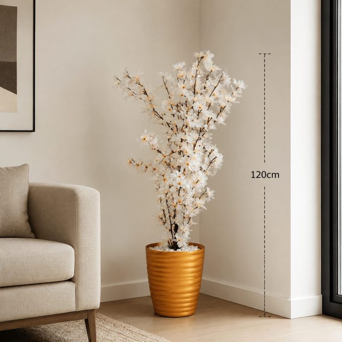 Arbre artificiel fleuri blanc avec pot doré moderne (120cm) – Image 2