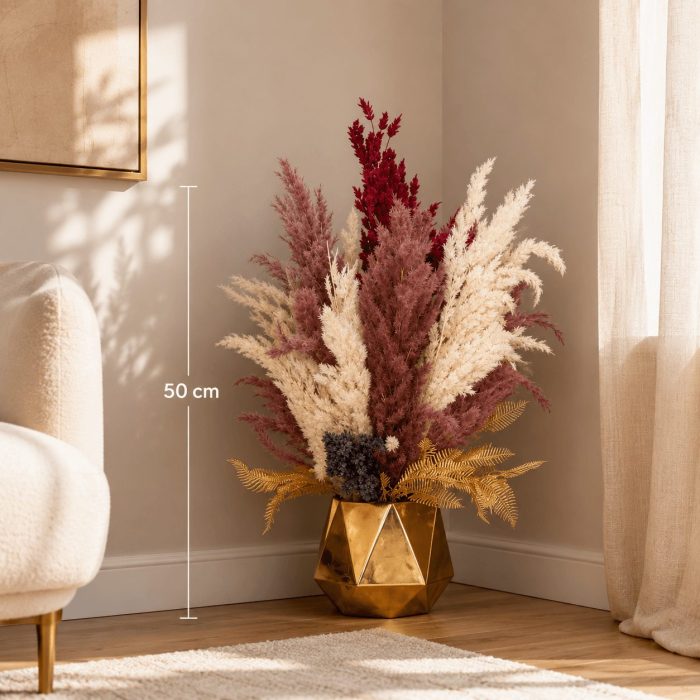 Bouquet artificiel pampas premium en vase doré (50cm) – Image 2