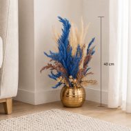 Bouquet de fleurs séchées artificielles bleues en vase doré (40cm) – Image 2