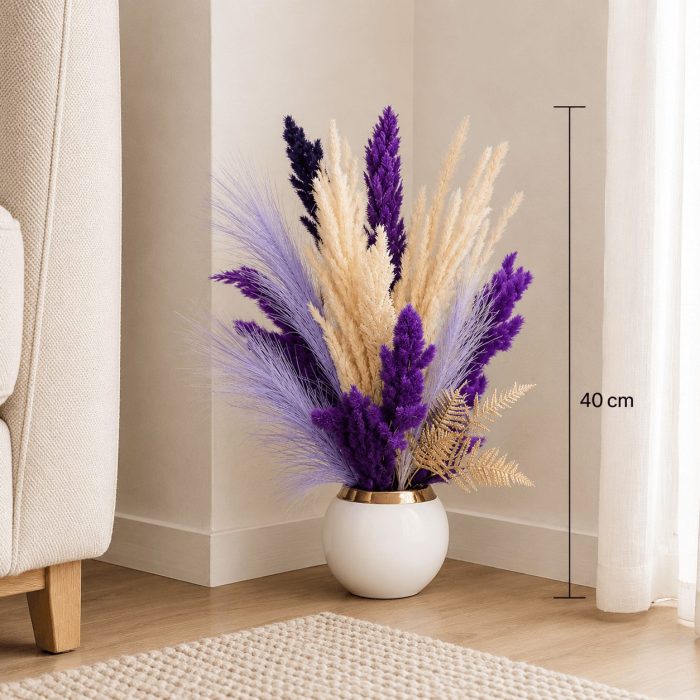Bouquet de fleurs séchées artificielles violettes et blanches (40cm) – Image 2