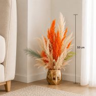 Bouquet pampas artificiel orange et beige en vase doré (50cm) – Image 2