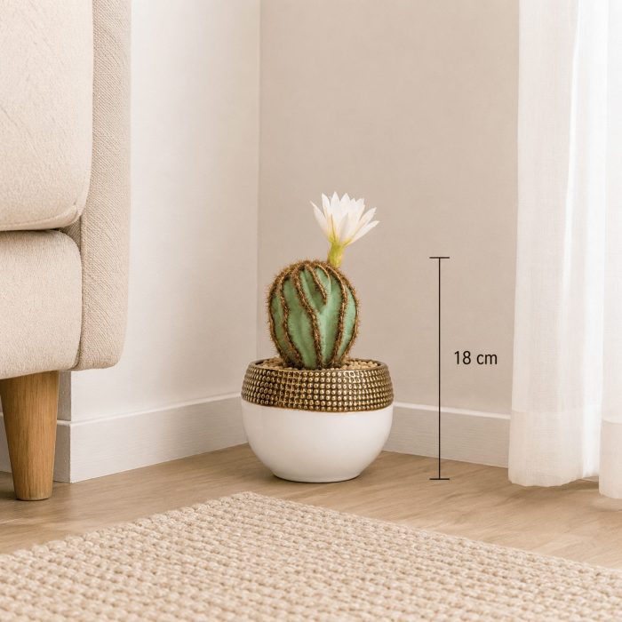 Cactus artificiel avec fleur blanche en pot design (18cm) – Image 2