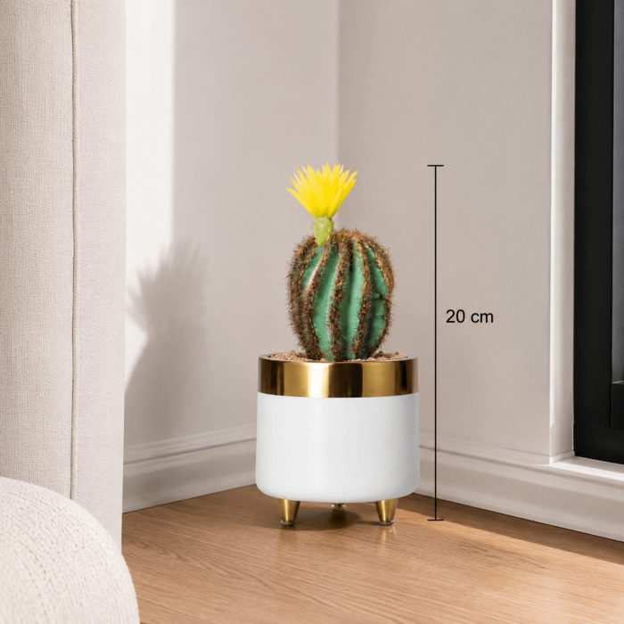 Cactus artificiel avec fleur jaune en pot blanc et doré (20cm) – Image 2