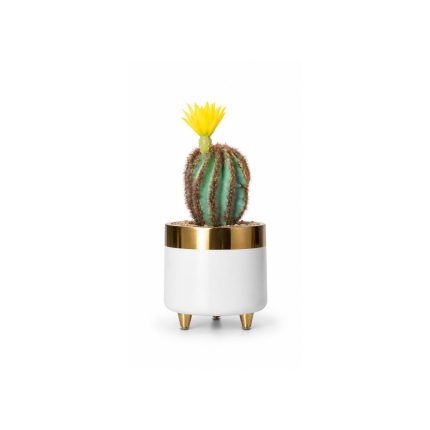 Cactus artificiel avec fleur jaune en pot blanc et doré (20cm)