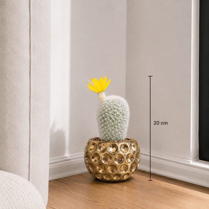 Cactus artificiel blanc avec fleur jaune en pot doré (20cm) – Image 2