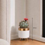 Cactus artificiel boule avec fleur rouge en pot blanc et doré (20cm) – Image 2