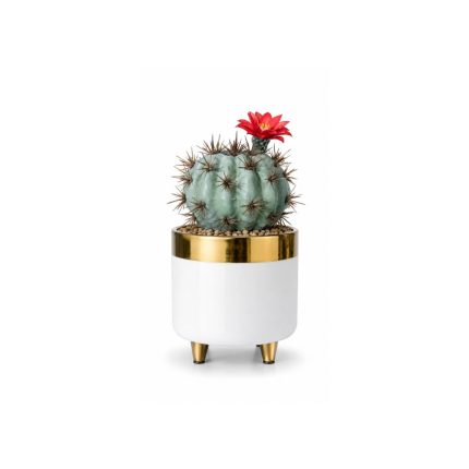 Cactus artificiel boule avec fleur rouge en pot blanc et doré (20cm)