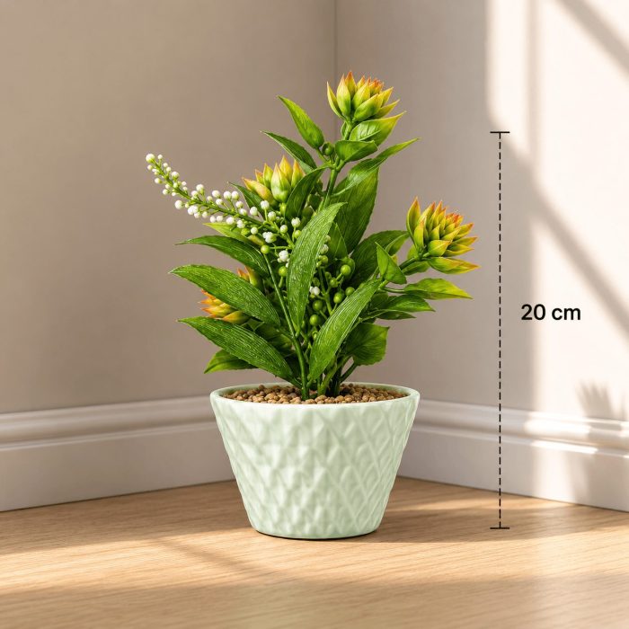 Composition florale artificielle verte en pot marbré (20cm) – Image 2
