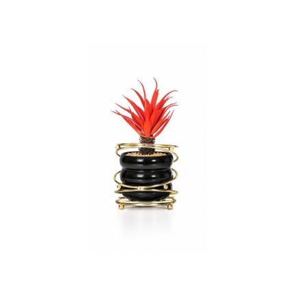 Succulente artificielle rouge en pot noir avec support doré (20cm)