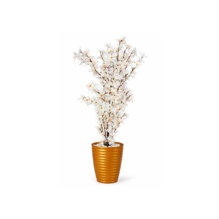 Design sans titre (11) Arbre artificiel fleuri blanc avec pot doré moderne (120cm) – Image 1