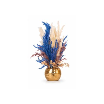 Bouquet de fleurs séchées artificielles bleues en vase doré (40cm)
