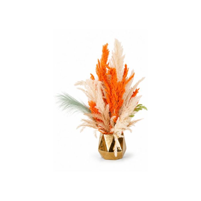Design sans titre (7) Bouquet pampas artificiel orange et beige en vase doré (50cm) – Image 1