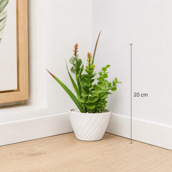 Petite plante artificielle verte en pot design blanc (20cm) – Image 2