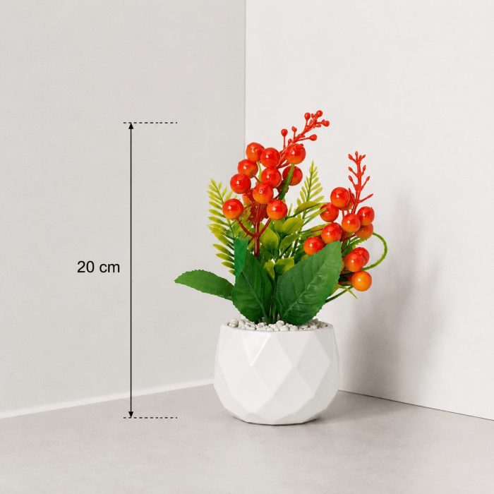 Plante artificielle à baies orange en pot blanc (20cm) – Image 2