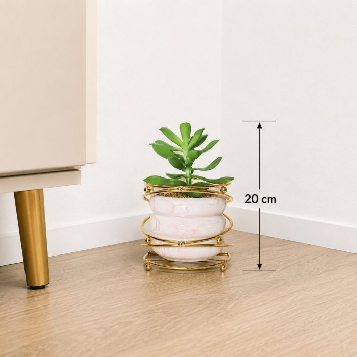Succulente artificielle en pot marbré rose avec support doré (20cm) – Image 2