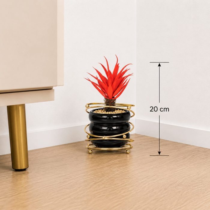Succulente artificielle rouge en pot noir avec support doré (20cm) – Image 2