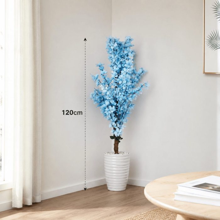 Arbre artificiel à fleurs bleu pour décoration intérieure (120cm) – Image 2