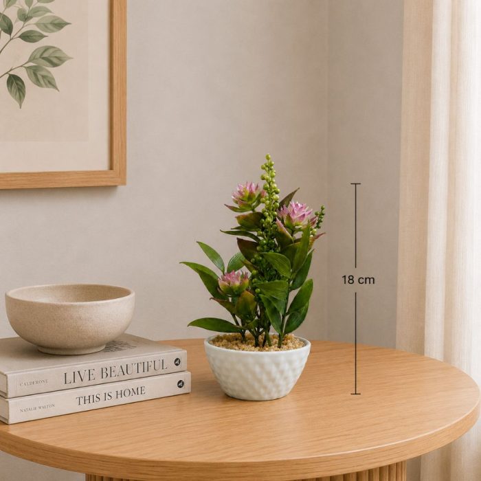 Plante artificielle décorative en pot blanc texturé – Hauteur (18cm) – Image 2