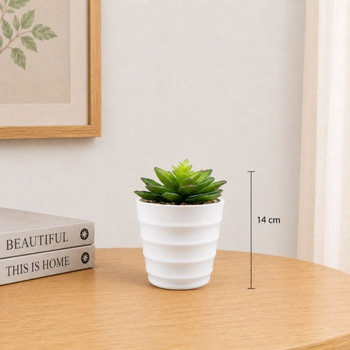 Plante artificielle succulente en pot blanc Petite décoration élégante et sans entretien (14cm) – Image 2