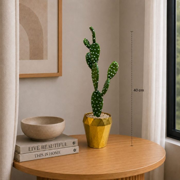 Cactus artificiel décoratif en pot doré design (40 cm) – Image 2