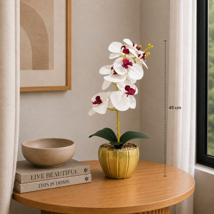 Orchidée blanche artificielle en pot doré – Élégance et décoration intérieure moderne(45cm) – Image 2