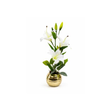Composition florale artificielle de lys blancs en vase doré – Décoration élégante et intemporelle(43cm)