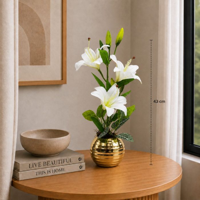 Composition florale artificielle de lys blancs en vase doré – Décoration élégante et intemporelle(43cm) – Image 2