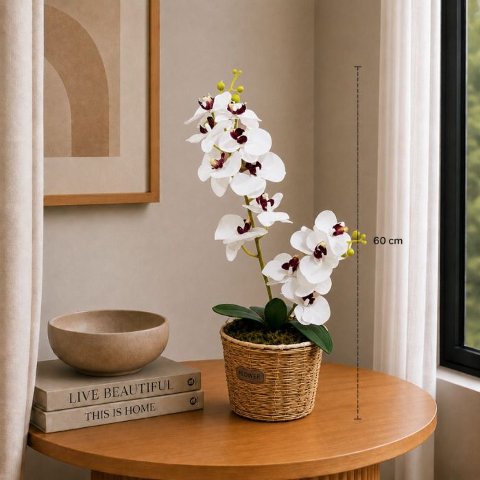 Orchidée artificielle blanche en pot tressé décoratif (60 cm) – Image 2