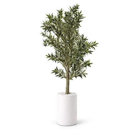 Grand olivier artificiel de 170 cm dans un pot blanc avec galets blancs, sur fond blanc – Plantora