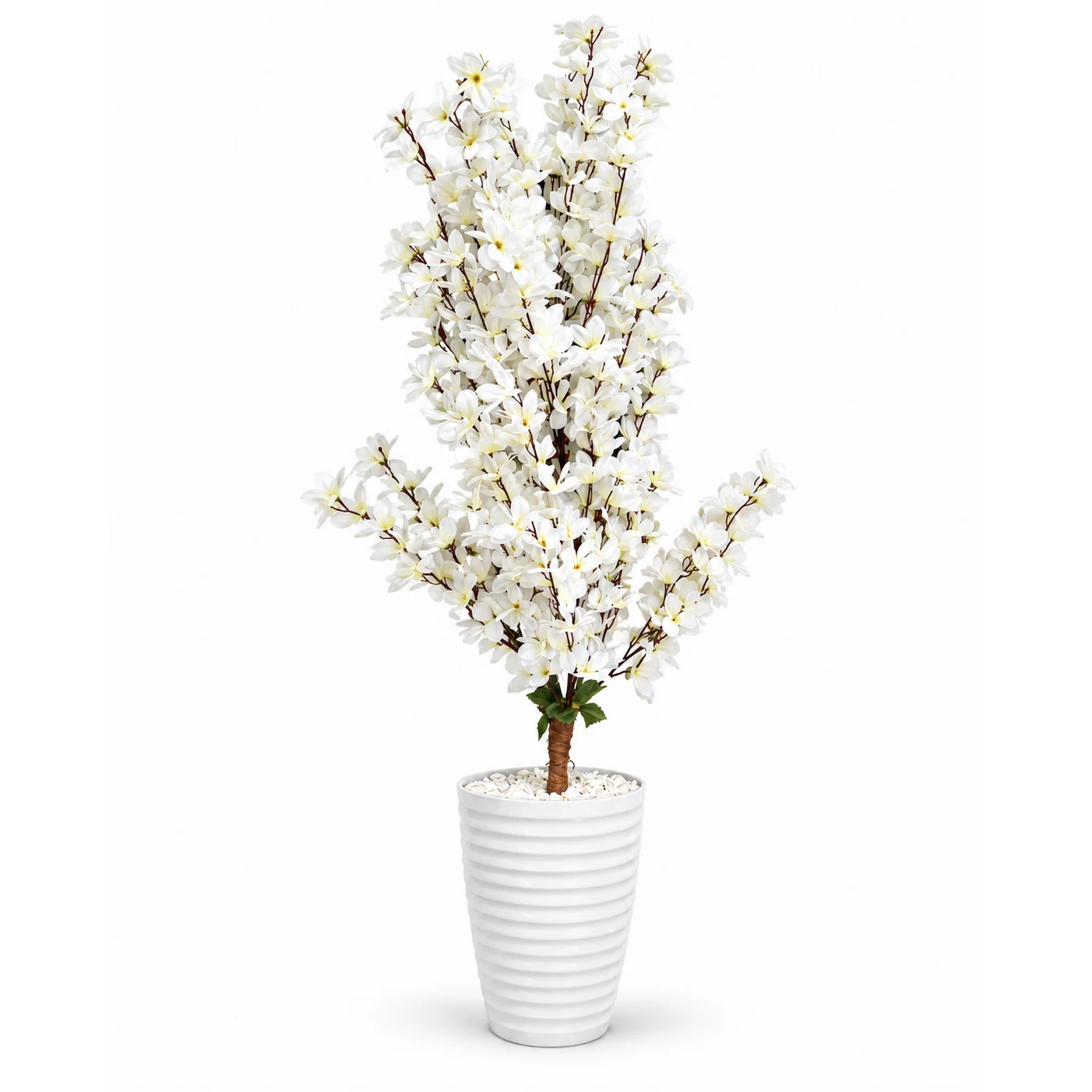 Arbre artificiel à fleurs blanches de 120 cm, pot blanc compris – Plantora