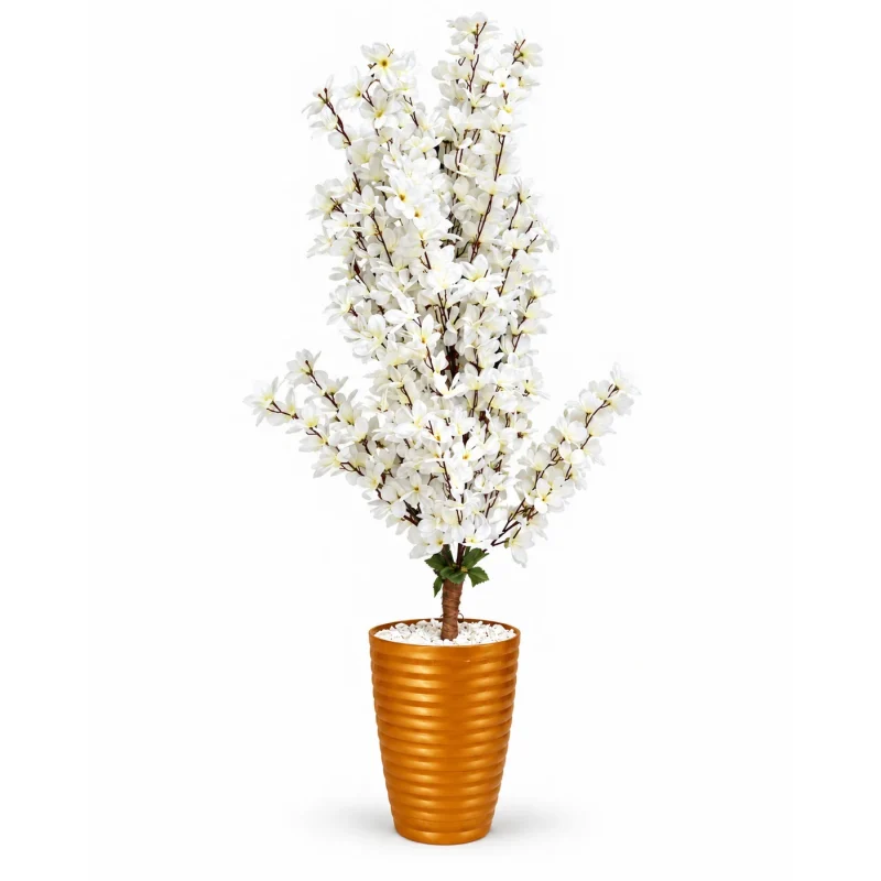 Arbre artificiel à fleurs blanches de 120 cm, pot orange métallisé compris – Plantora