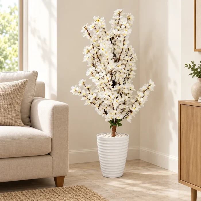 Arbre artificiel à fleurs blanches avec pot blanc dans un coin de salon – Plantora