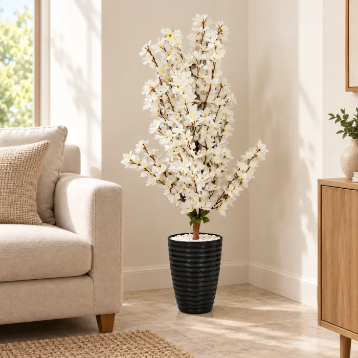 Arbre artificiel à fleurs blanches avec pot noir dans un coin de salon – Plantora