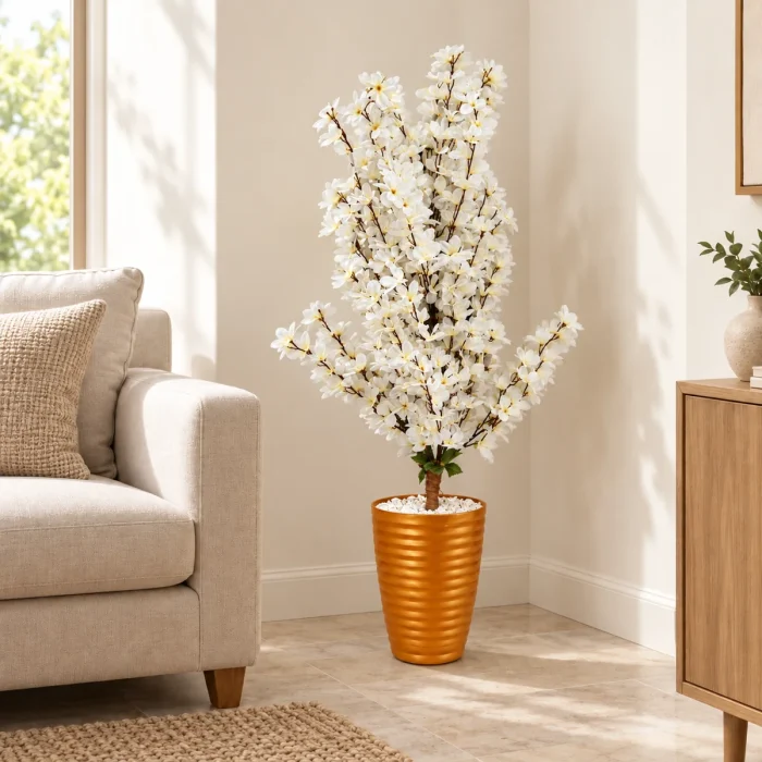 Arbre artificiel à fleurs blanches avec pot orange métallisé dans un coin de salon – Plantora