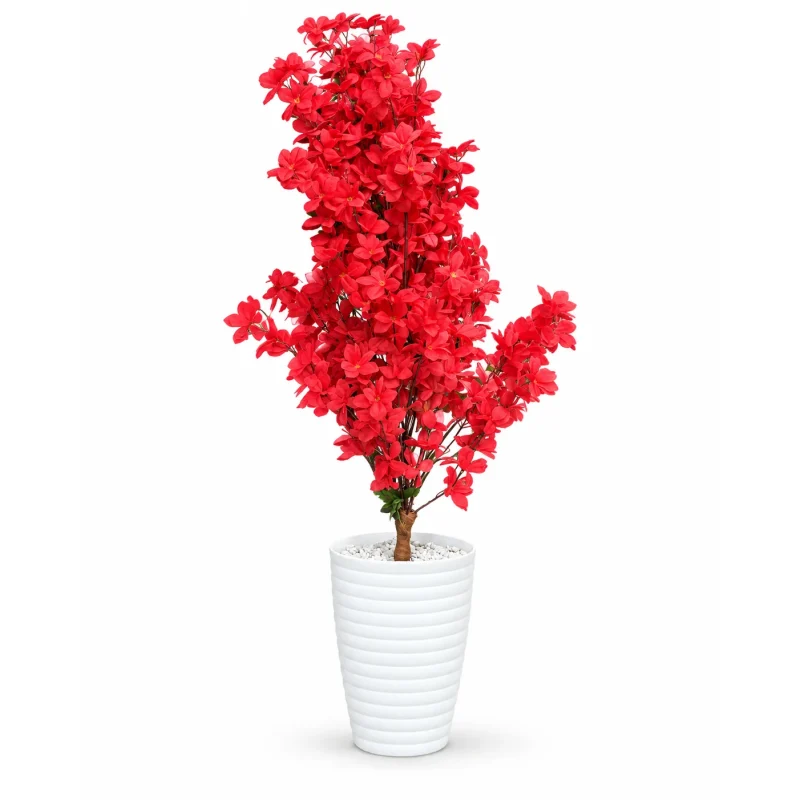 Arbre artificiel à fleurs rouges de 120 cm, pot blanc compris – Plantora