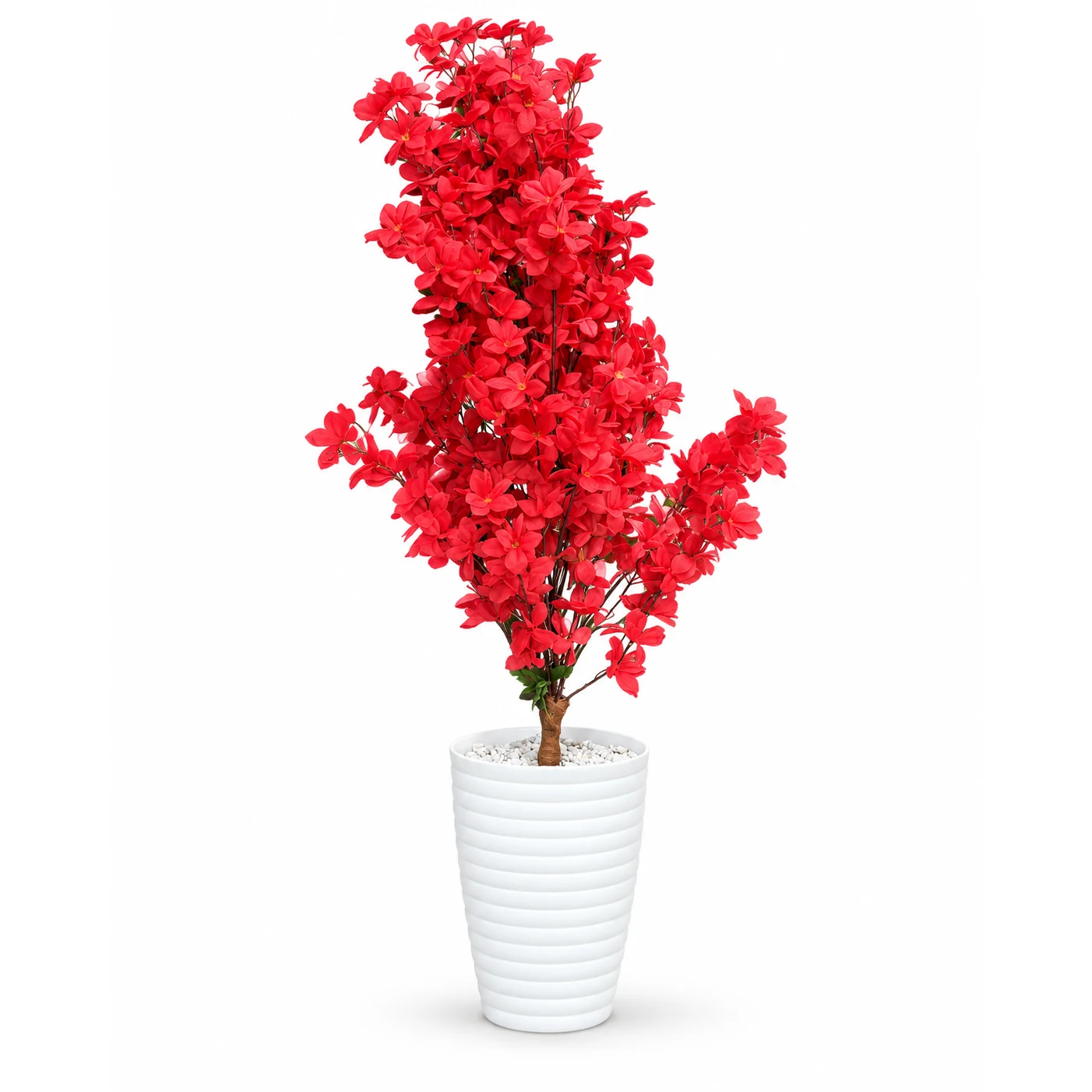 Arbre artificiel à fleurs rouges de 120 cm, pot blanc compris – Plantora