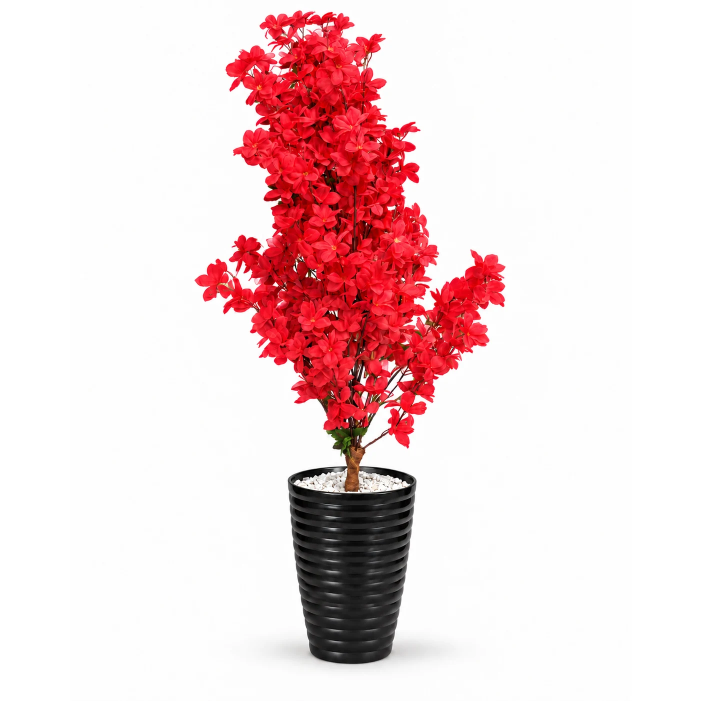 Arbre artificiel à fleurs rouges de 120 cm, pot noir compris – Plantora