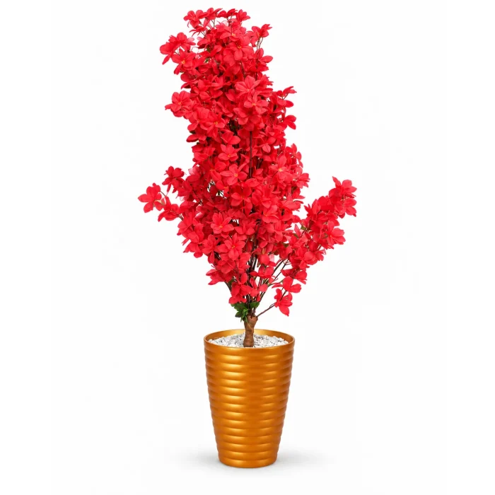 Arbre artificiel à fleurs rouges de 120 cm, pot orange métallisé compris – Plantora